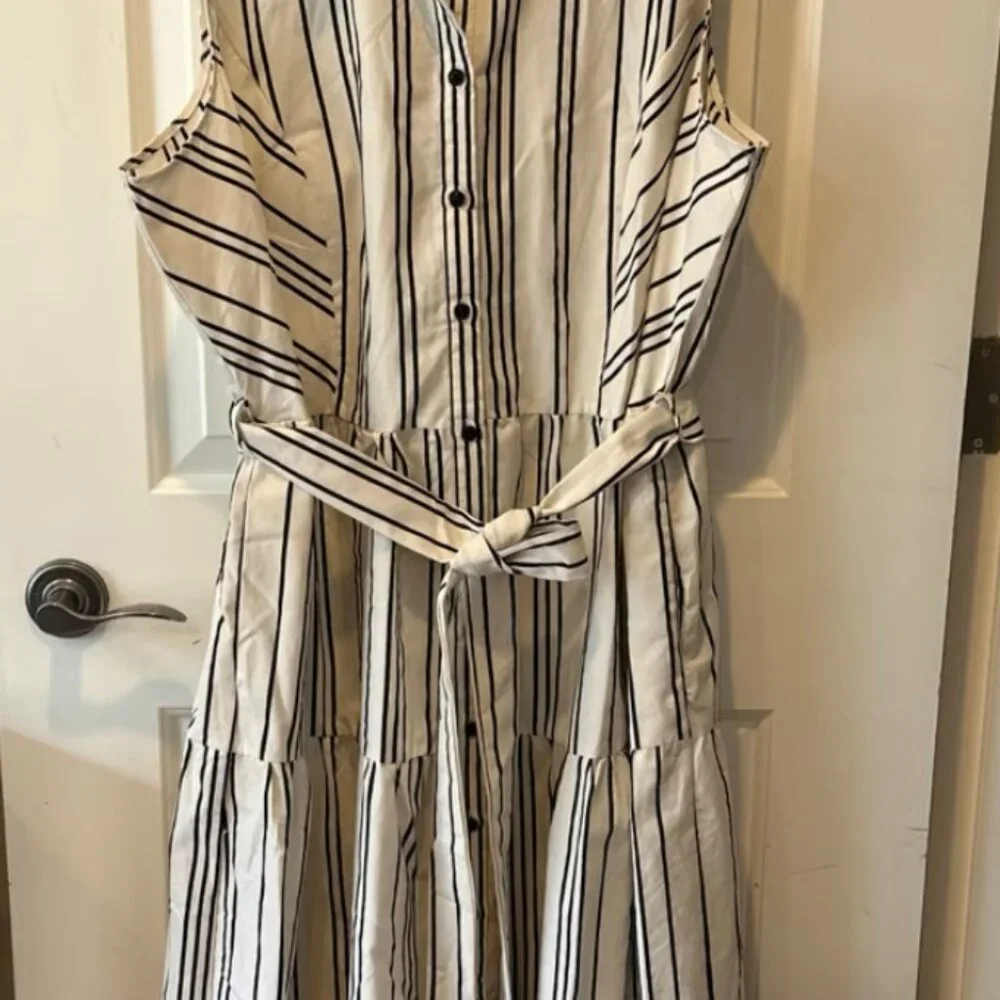 City Chic Black White Striped Sleeveless Tiered Midi Shirt Dress‎ with Belt